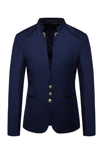Navy Stand Collar Single Breasted Mænds Blazer